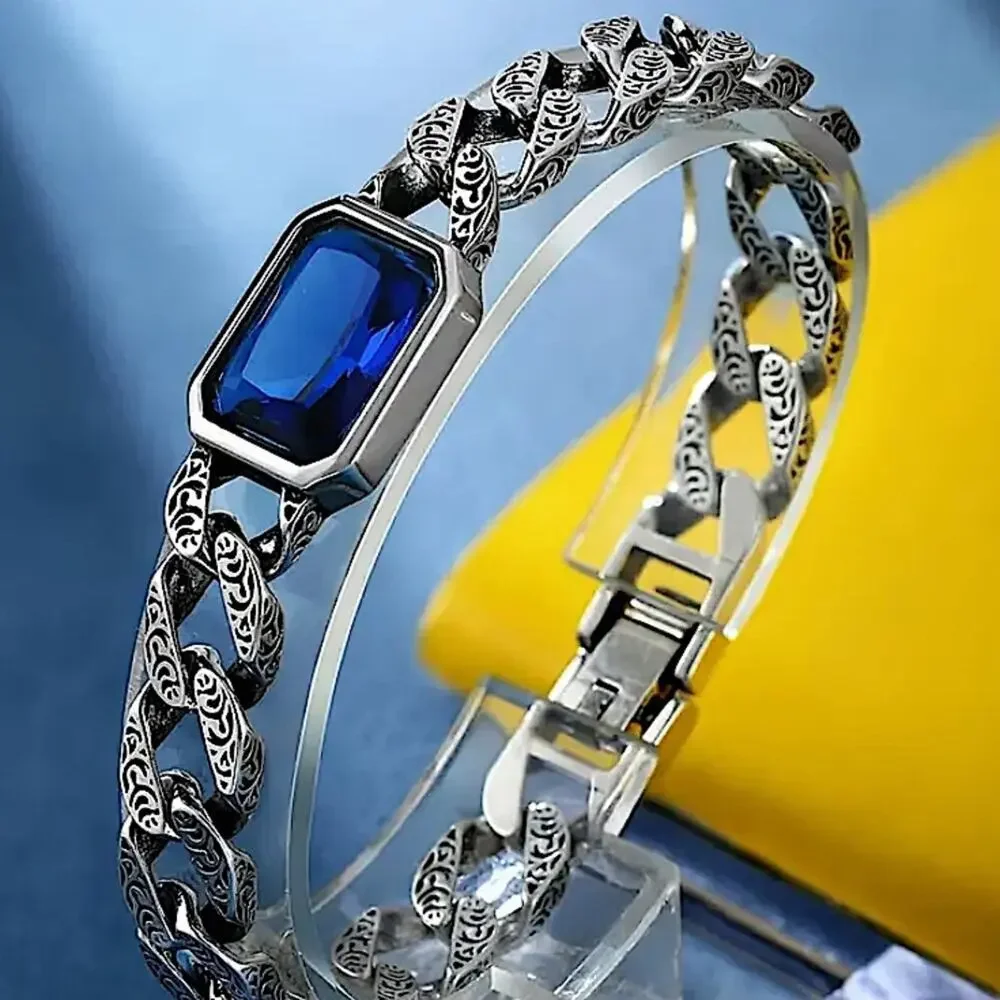 Stainless Steel Sapphire Chain Link Bracelet, Curb Engraved